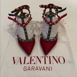 Valentino Garavani Sz 37 Red W-3 Strap Gold Studs Multi Color 2.5" Heels.Dustbag